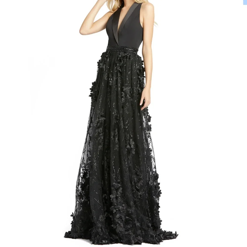 TUXEDO INSPIRED FLORAL EMBROIDERED GOWN - Picture 1 of 12